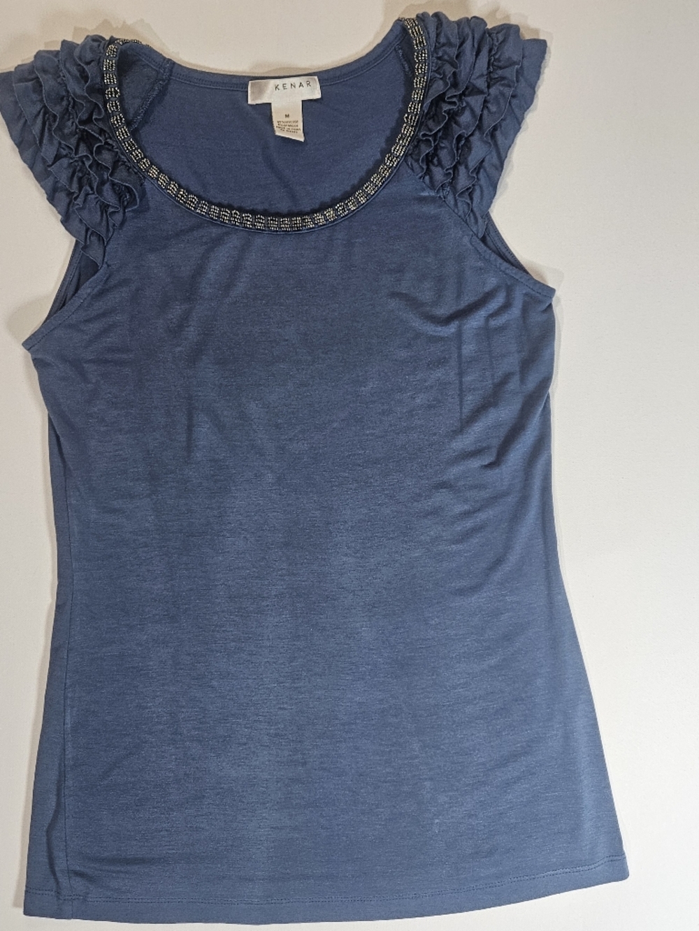 Kenar Sleeveless Top Womens Size Medium Blue Beaded Scoop Neck‎ Ruffle Shoulder